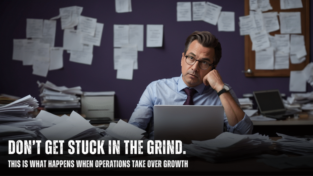 A stressed businessman surrounded by paperwork and sticky notes, looking confused and overworked, representing the chaos of manual business operations before using automation tools.